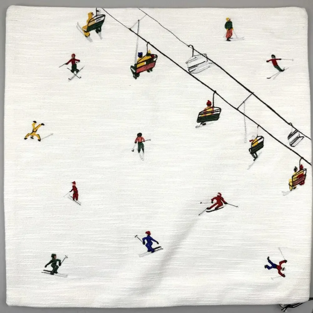 West Elm Embroidered Skier Pillow Cover 18x18 Alabaster Cotton Winter Decor New